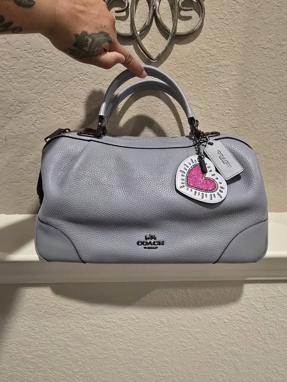 COACH Lane Light Blue Pebbled Leather Satchel with Pink Heart Charm